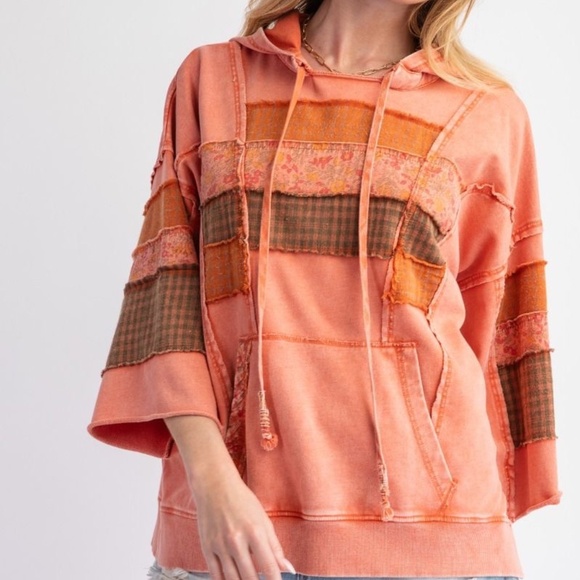 Easel Los Angeles Tops - NEW EASEL CLOTHING WASHED TERRY KNIT PULLOVER HOODIE PATCHWORK SWEATSHIRT SMALL